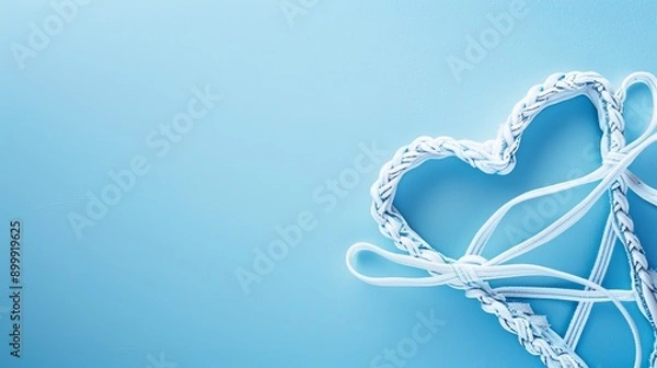 Fototapeta White figure skate shoelaces forming a heart against the blue background