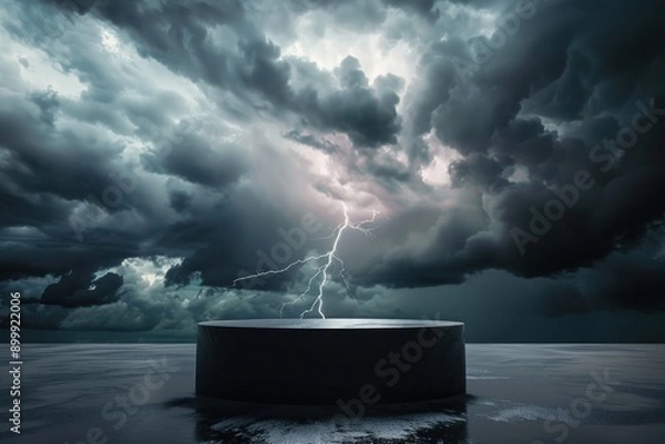 Fototapeta Scenic panorama featuring a sleek black podium, turbulent lightning storm backdrop, striking contrast