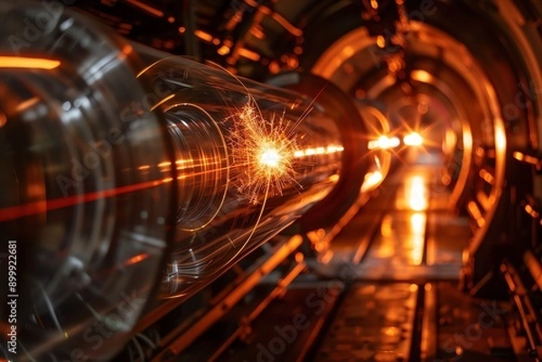 Fototapeta High-energy particle accelerator capturing stunning physics experiments with lasers and advanced technology in a futuristic laboratory setting.