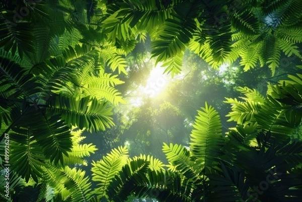 Fototapeta Worms-eye view of lush greenery, vibrant verdant leaves, sunlight filtering through, photorealistic