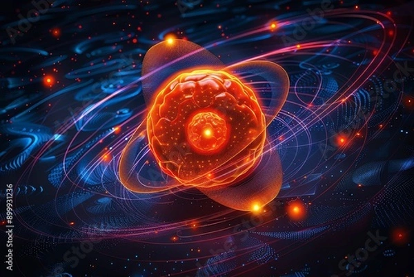 Fototapeta Abstract representation of an atom with glowing particles, orbiting electrons, and energy patterns on a dark background.