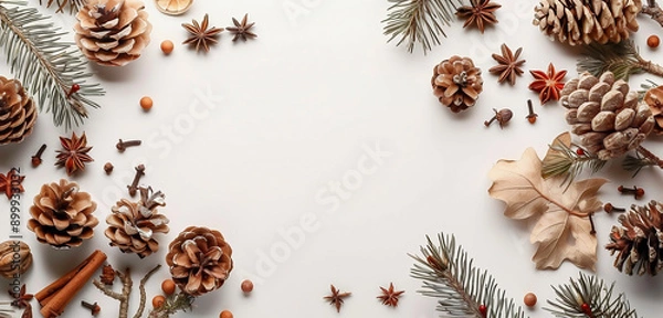 Fototapeta Pine cones, spruce branches, dried forest fruits and spices with a place for an inscription on a white, plain background