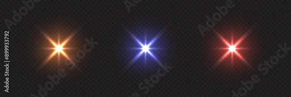 Fototapeta Shine light with flash effect set. Different color glow stars glared on black background. Bright sparkling vector illustration. Flash of light with ray beams in space. Abstract sunshine sparkle glare.
