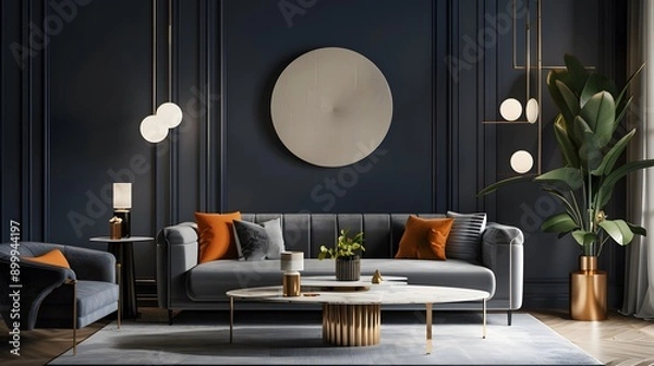 Fototapeta Contemporary art deco interior with a luxurious grey sofa and sophisticated decor