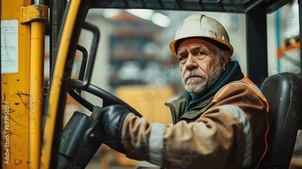Fototapeta Dedicated Warehouse Worker Operating Forklift in Busy Distribution Center During Daylight Hours