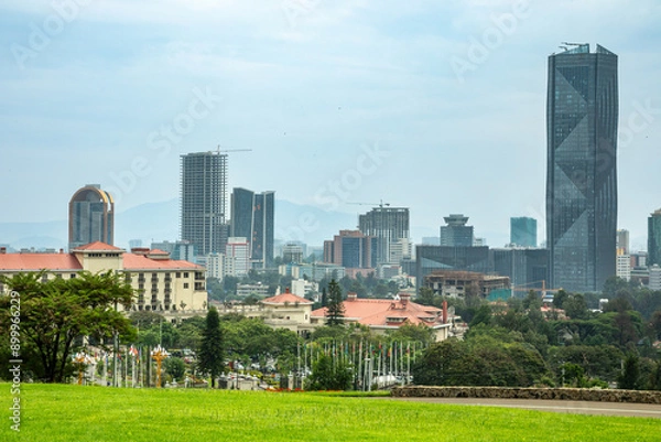 Fototapeta Rapid development of central business district with modern skyscrapers of downtown of Addis Ababa, Ethiopia