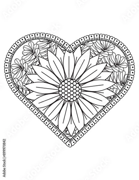 Obraz Heart with floral mandala pattern, heart mandala coloring page for adult, heart shaped mandala floral pattern for coloring book, hand drawn heart floral mandala doodle,  