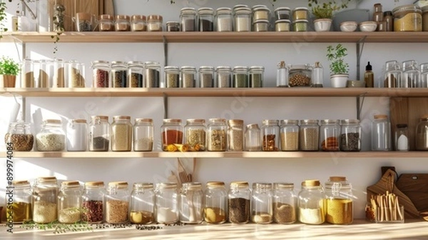 Fototapeta Brightly lit shelves showcase an array of pantry jars filled with various grains, spices, and herbs. The organized and inviting kitchen storage solution exudes a sense of warmth and homeliness