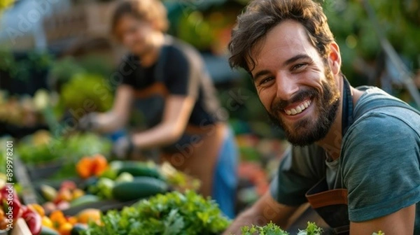Fototapeta Realistic community composting project with participants adding food waste high-definition detail