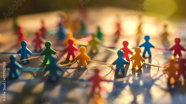 Fototapeta Colorful figurines connected by string, representing a network of people.