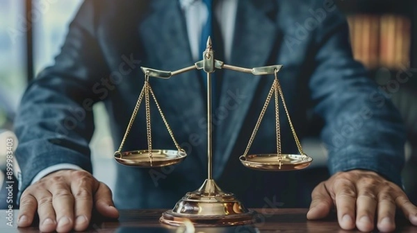 Fototapeta A lawyer's hands rest on a wooden desk with scales of justice in the foreground.