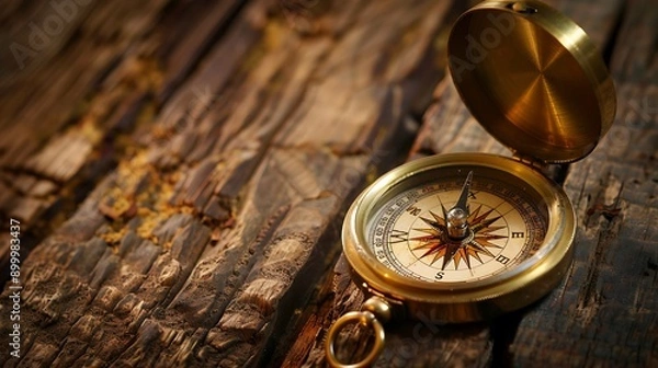 Obraz Antique compass on a wooden surface.