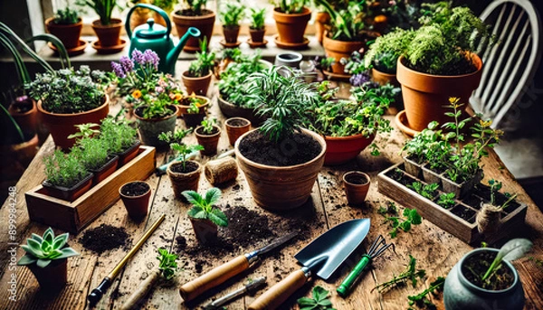 Obraz Colorful potted plants and gardening tools are spread across a table in a bright, cheerful indoor gardening area