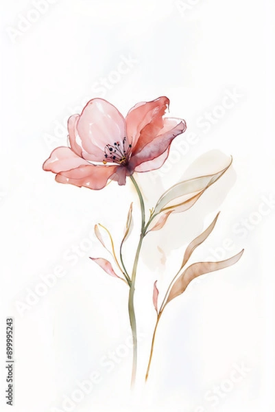 Obraz Isolated watercolor pink flower with green stem and leaves. Abstract illustration on white background. Springtime botanical art