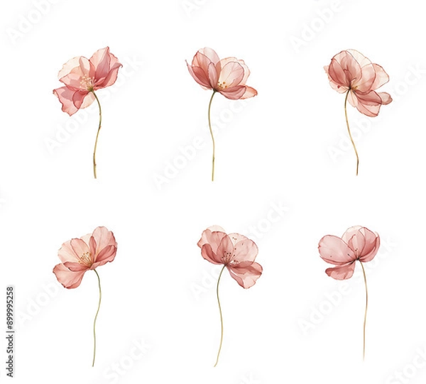 Obraz Set of six pink flowers with long stems in different positions. Watercolor illustrations on white background. Springtime botanical art for greeting card, invitation, and poster. Isolated floral design