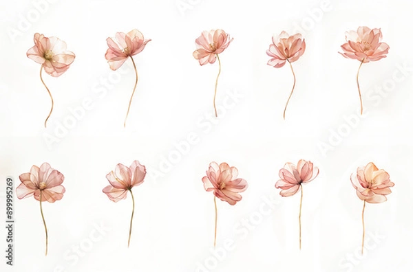 Obraz Set of ten pink flowers with long stems in different positions. Watercolor illustrations on white background. Springtime botanical art for greeting card, invitation, and poster. Isolated floral design