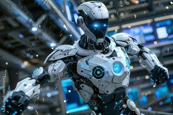 Obraz Futuristic robot in a factory setting collaborative and technological theme sharp and modern visual