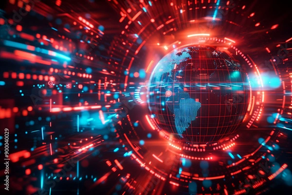 Fototapeta A Dynamic and Futuristic Digital Scene Featuring a Globally Connected Network with Interactive Red and Blue Light Patterns Illuminating a Transparent Globe