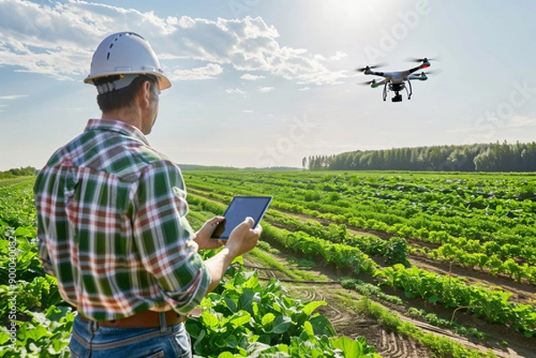 Fototapeta Farmer controlling drone over lush green fields using tablet in bright sunlight for agricultural monitoring and precision farming