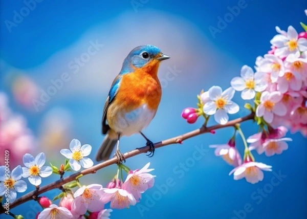 Obraz A solitary small bird with vibrant plumage perches on a delicate twig of a blooming cherry blossom branch, set against a serene blue sky backdrop.