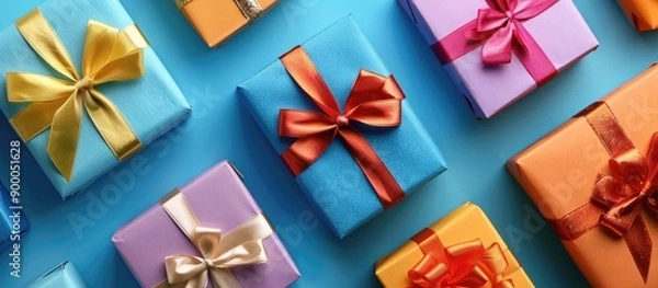Fototapeta Colorful gift boxes for various occasions like Christmas and birthdays displayed with ribbons and bows on a background suitable for copy space image
