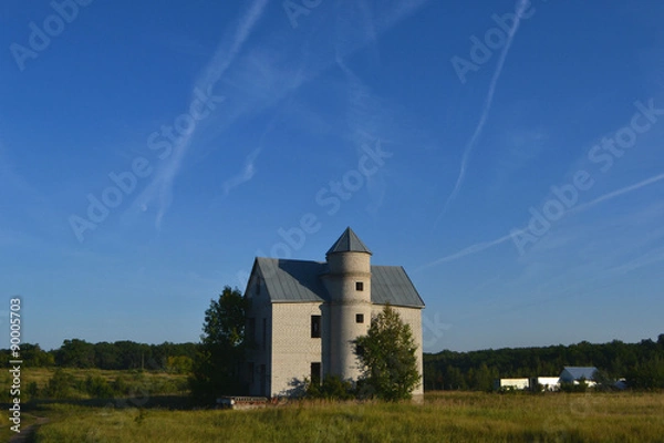 Fototapeta пейзаж одинокий недостроенный дом  на опушке леса небо лето природа 