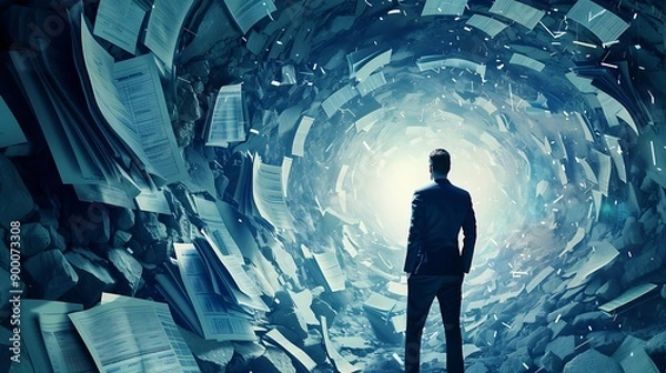 Obraz Businessman standing in a tunnel of paper.