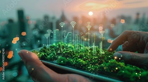 Obraz Hand holding a tablet with a green city model and glowing wireless network symbols, against a cityscape background.