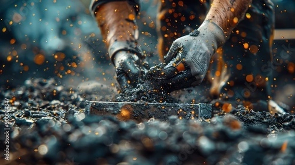 Fototapeta Skilled Tradesman Using Construction Tools on a Busy Construction Site, Laborer Working with Metal, Close-Up of Hands with Sparks Flying, Construction Worker, Professional, Expertise, Craftmanship
