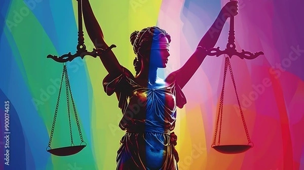 Obraz Lady Justice statue with scales and blindfold, against a colorful rainbow background.