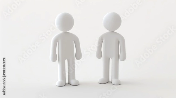 Fototapeta Two white 3D cartoon character models standing side by side on a white background