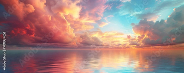 Fototapeta Sunset over calm ocean with dramatic clouds