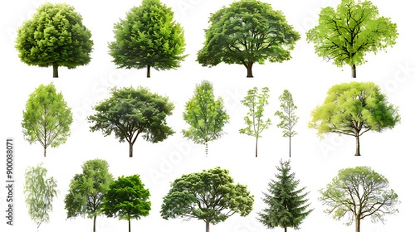 Fototapeta Set of green trees isolated on white background. Different kinds of tree collection