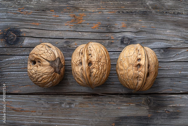 Fototapeta Top view of three walnuts on wooden background. Generative AI
