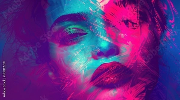 Obraz Dramatic portrait of a woman with neon overlays and abstract designs, combining vintage style with contemporary digital art