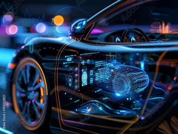 Obraz A sleek black car with a glowing digital engine display, showcasing futuristic automotive technology.