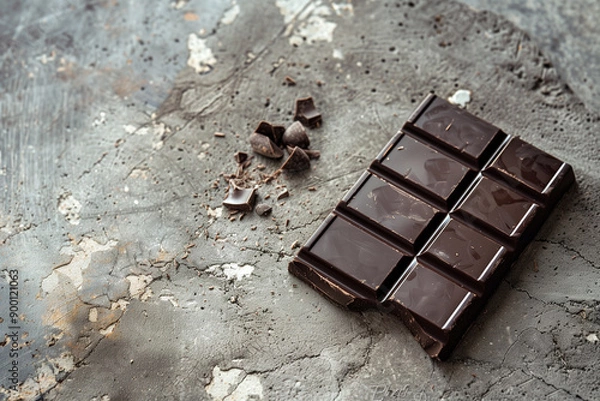 Fototapeta Top view of dark chocolate bar on concrete table. Generative AI