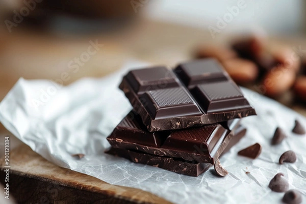 Fototapeta Close up photo of dark chocolate bar with blurry background. Generative AI