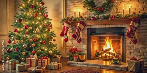 Obraz Decorated Christmas tree next to cozy fireplace with stockings, Christmas, tree, decorations, fireplace, cozy, stockings, holiday