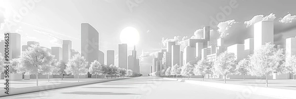 Obraz White Cityscape Illustration with Trees and a Road