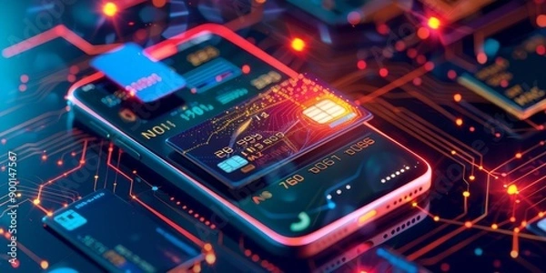 Fototapeta A digital wallet with credit cards and mobile payments, showcasing the digital transformation of traditional financial transactions