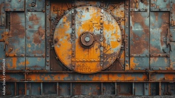 Fototapeta Industrial podium with rusted textures and mechanical elements
