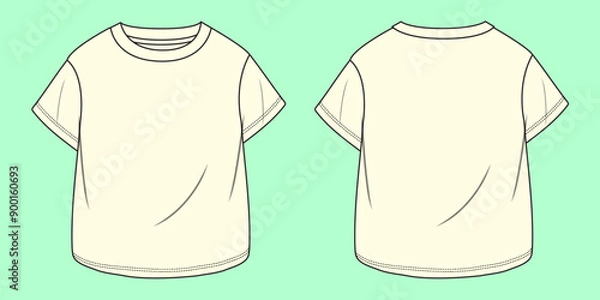 Fototapeta Boys and girls ecru color oversized drop shoulder short sleeve t-shirt flat sketch outline vector fashion illustration template.