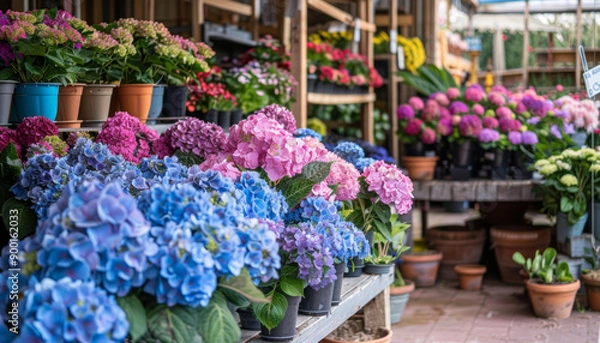 Obraz Colorful Hydrangeas In Pots At A Flower Shop
