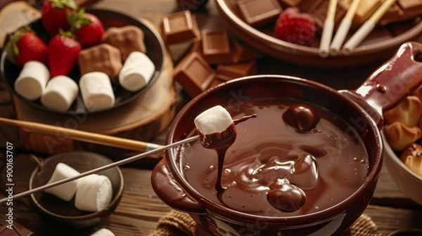 Obraz Chocolate Fondue with Marshmallows and Strawberries