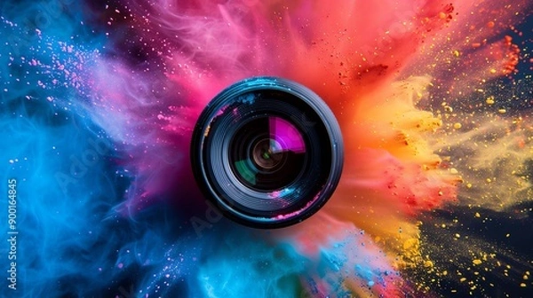 Fototapeta Camera lens with vibrant, colorful powder explosion