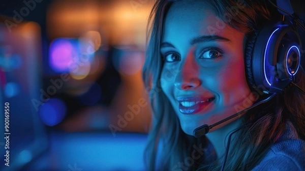 Obraz Gamer Girl with Headphones, smiling and looking at the camera in a neon lit room.  
