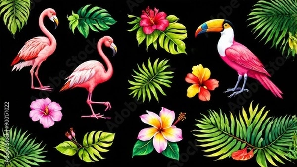 Fototapeta Tropical Birds and Flowers Illustration Featuring Flamingos, Toucan, and Hibiscus on Black Background