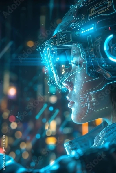 Fototapeta Futuristic scientist with data visor, holographic interface, hightech environment