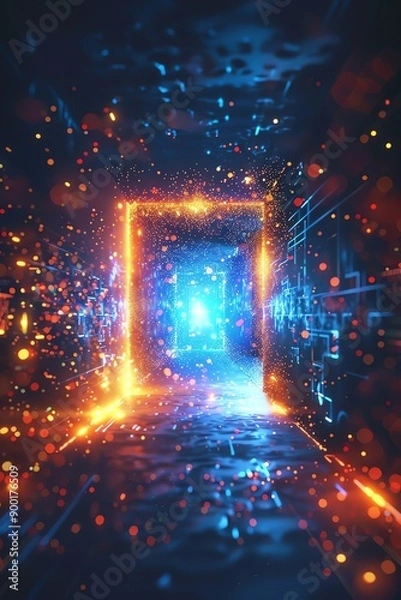 Fototapeta Glowing doorway in digital space, particles flowing, blue and orange hues, futuristic gateway, wideangle view